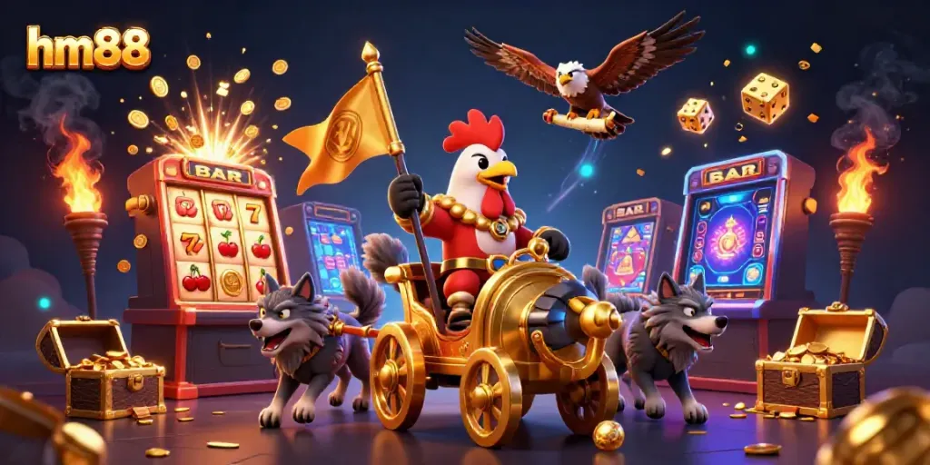 Experience thrilling gameplay with hm88 as a rooster warlord charges through a vibrant casino scene.