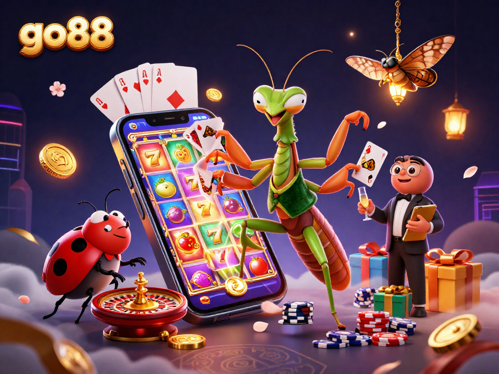 go88 showcases a dynamic casino scene with a giant mantis card sharp and vibrant slot games.