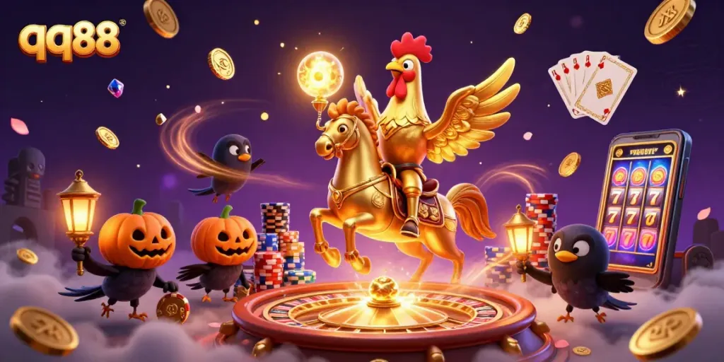 Engage with qq88 casino adventures featuring a golden rooster and dynamic gaming elements.