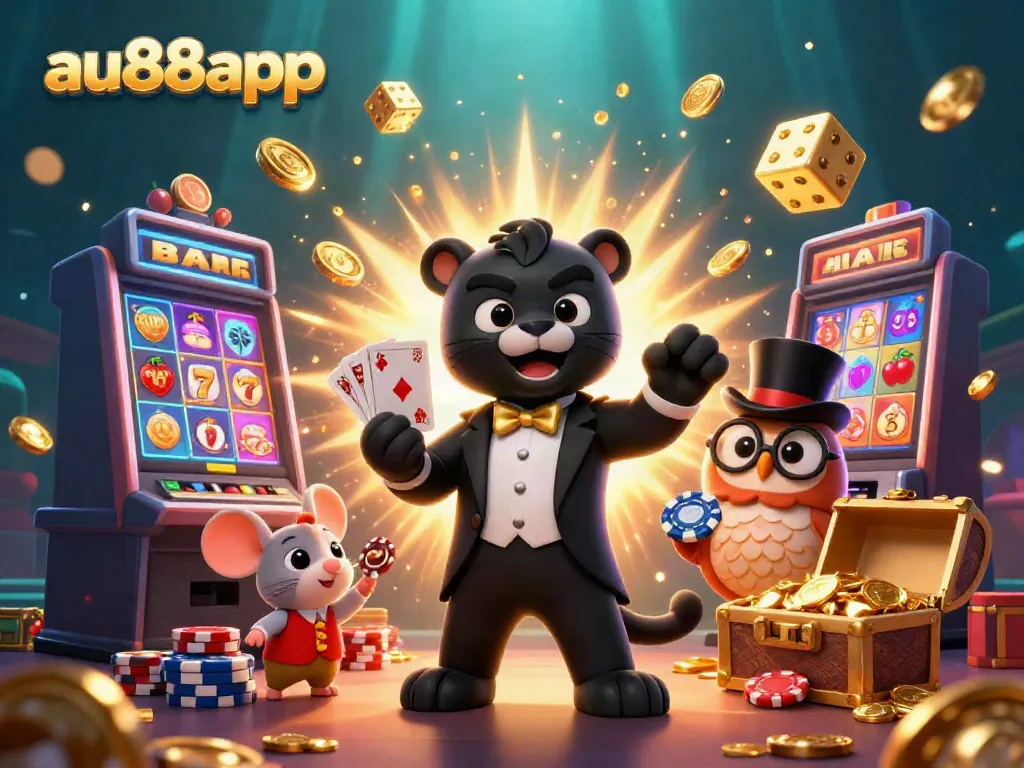 Engage with the vibrant gaming world of au88app, featuring a stylish panther, owl, and lucky mouse.