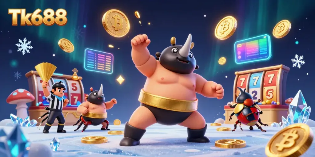Bet at Tk688, where the rhinoceros beetle champion unleashes winning coins in a vibrant casino scene.
