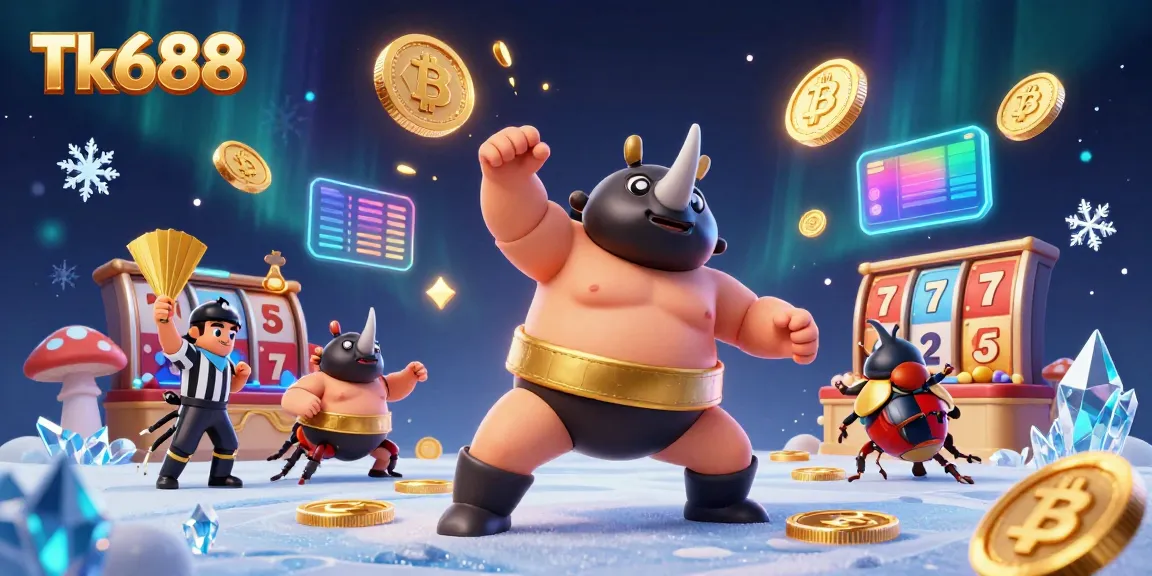 Bet at Tk688, where the rhinoceros beetle champion unleashes winning coins in a vibrant casino scene.