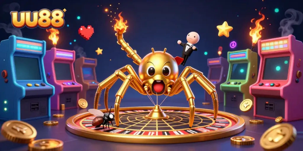 Experience thrilling bets at uu88, where a golden spider spins a roulette wheel web in a vibrant casino scene.