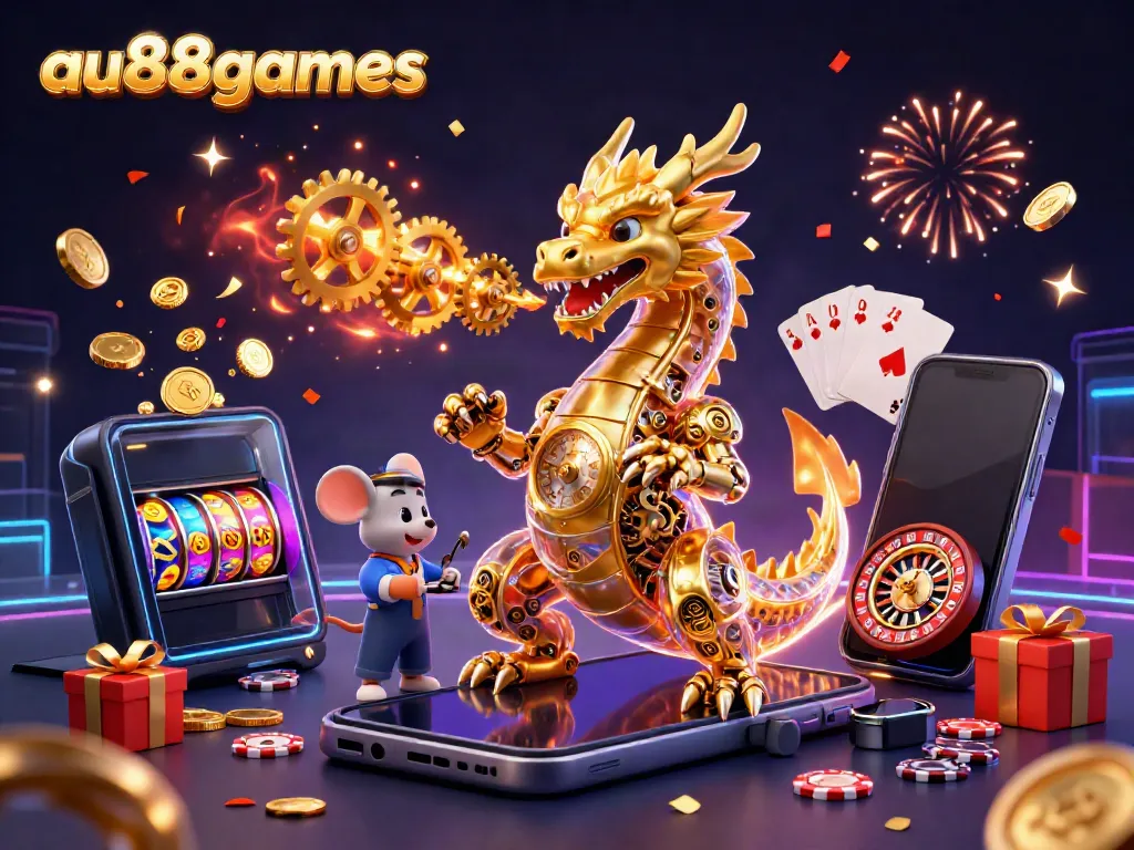 Experience exciting slots and gaming at au88games with a golden dragon and vibrant casino elements.