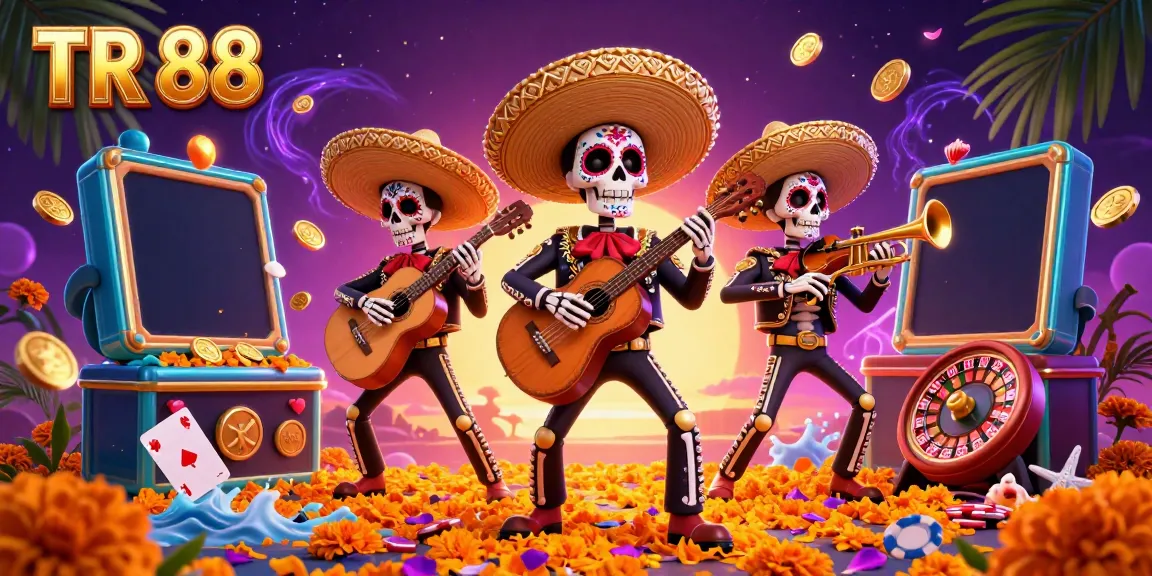 Engage with vibrant TR 88 casino atmosphere featuring a mariachi band and dynamic slot game elements.