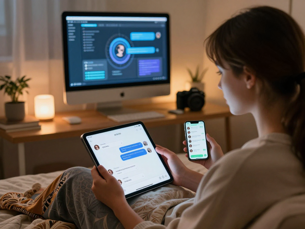 A warm bedroom scene of a user interacting with an AI sex chat chatbot on a tablet, highlighting intimate digital connection.