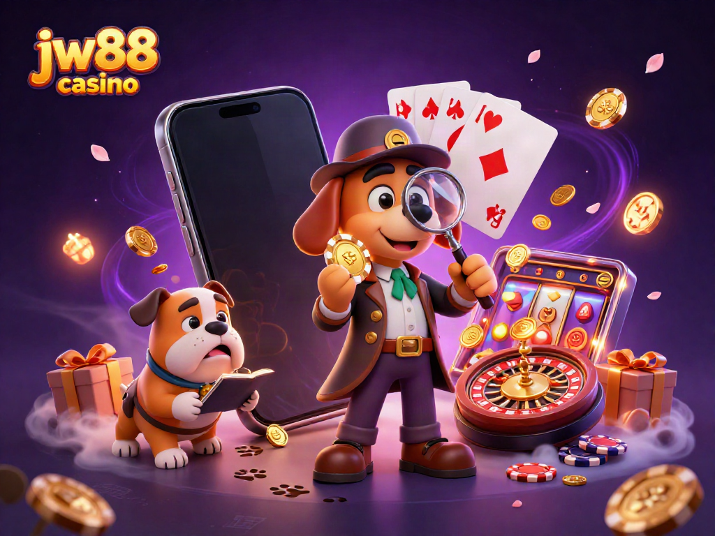 Engage with jw88 casino adventure led by a detective dog examining poker chips with thrilling slot games around.