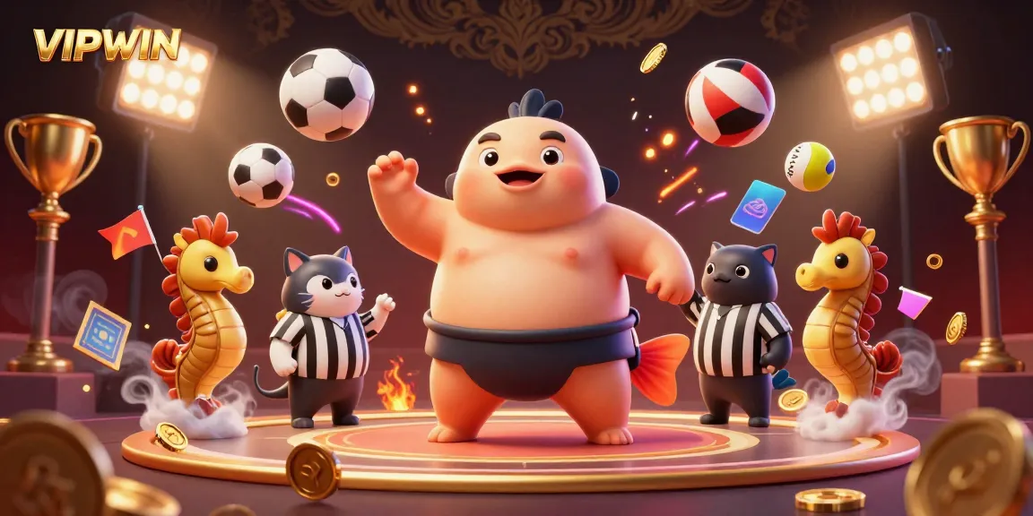 Join the excitement with VIPWIN as the gigantic fugu battle unfolds in a vibrant casino-themed underwater ring.