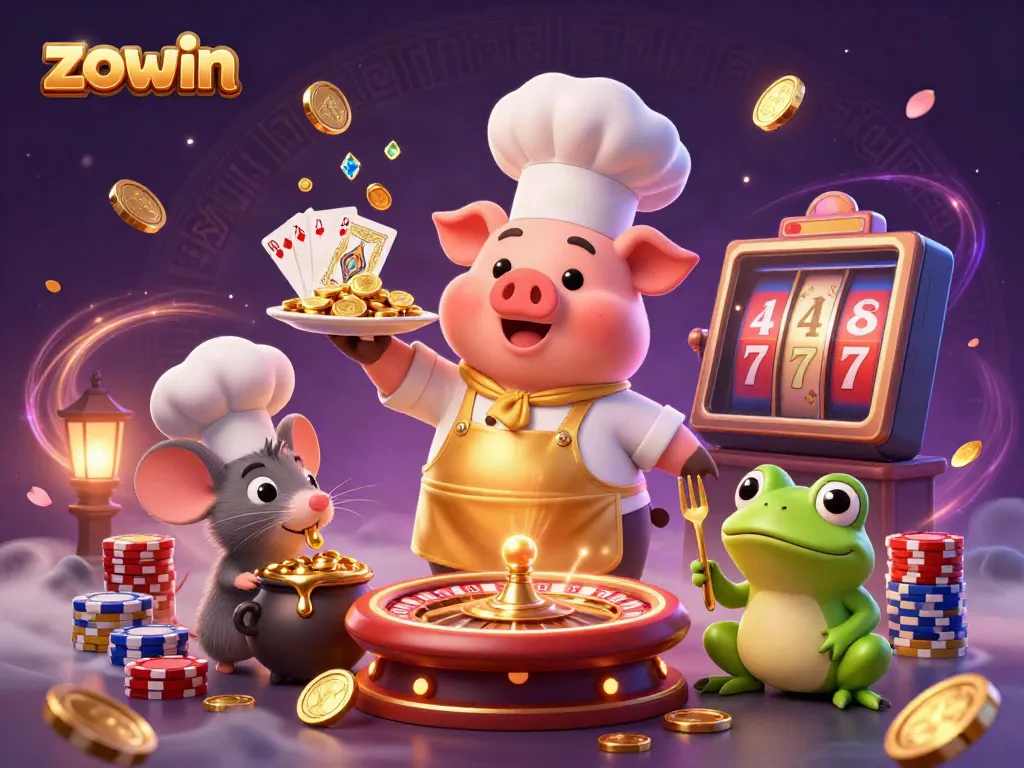Zowin's lively casino scene with a chef pig presenting gold coins, enhancing the gaming experience.