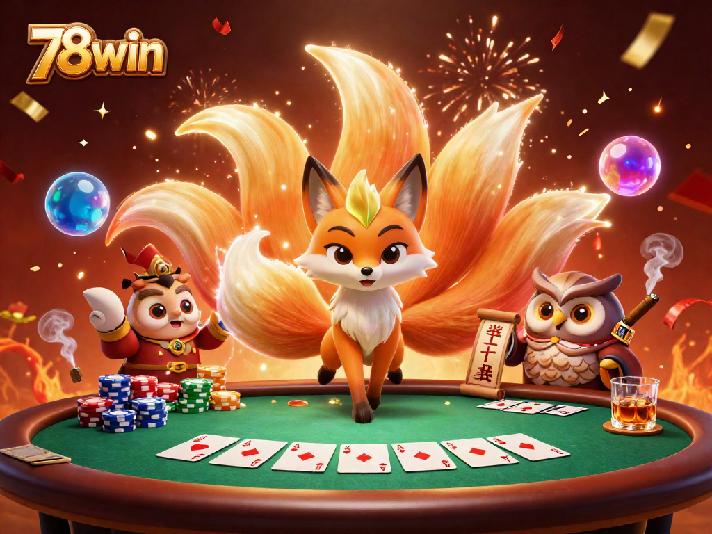 Engaging animation of 78win with a nine-tailed fox, poker elements, and magical effects in vibrant colors.