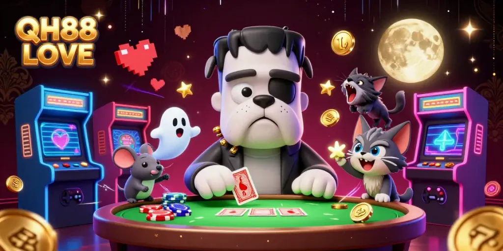 Join the fun on QH88 LOVE with a vibrant casino scene featuring unique characters and games.
