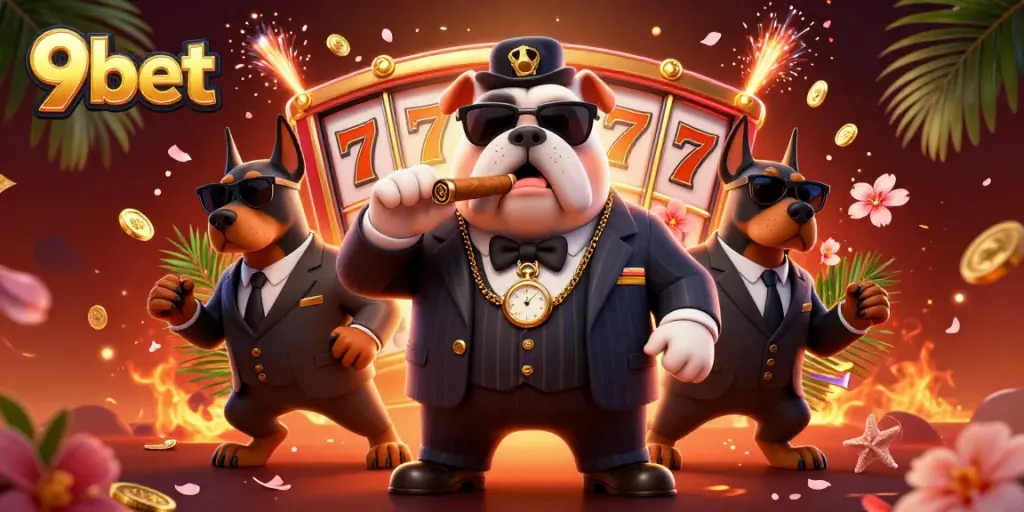 Engage with 9bet's thrilling slot action featuring a dynamic mafia scene amidst vibrant casino elements.