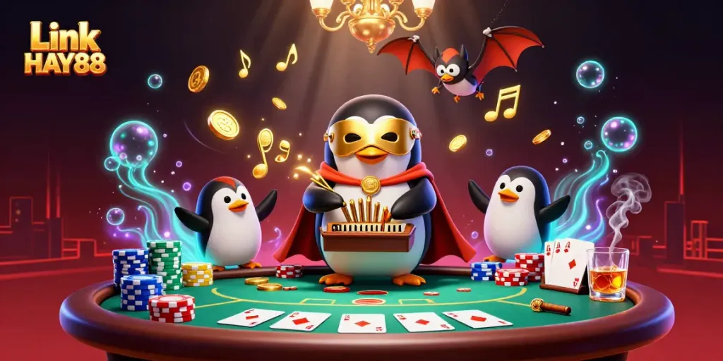 Experience the thrilling atmosphere of Link HAY88 with a phantom opera penguin and poker elements.