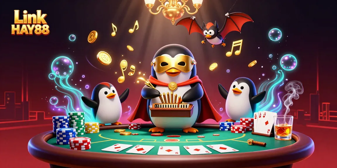Experience the thrilling atmosphere of Link HAY88 with a phantom opera penguin and poker elements.