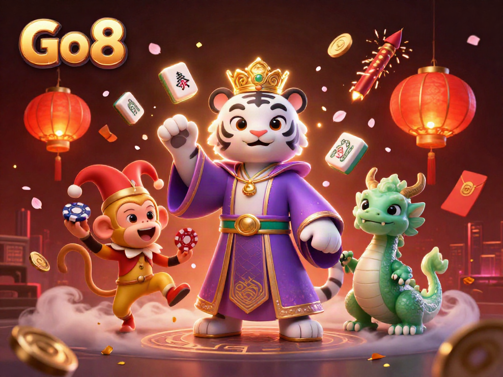 Experience the vibrant world of Go 8 with a lively 3D scene featuring characters and casino elements.