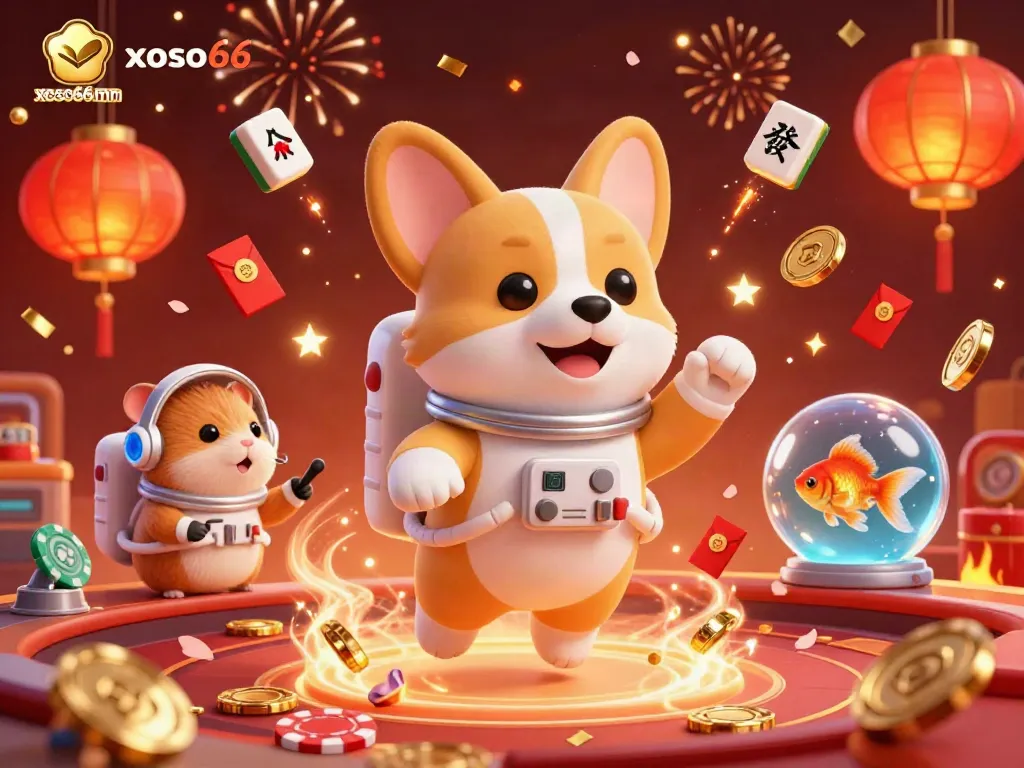 xoso66mn showcases a vibrant 3D casino scene with an astronaut corgi, poker chips, and festive elements.