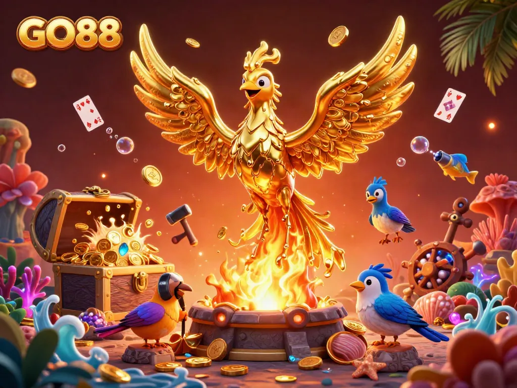 Engage with GO88 in an immersive 3D casino world featuring a golden phoenix and treasure elements.