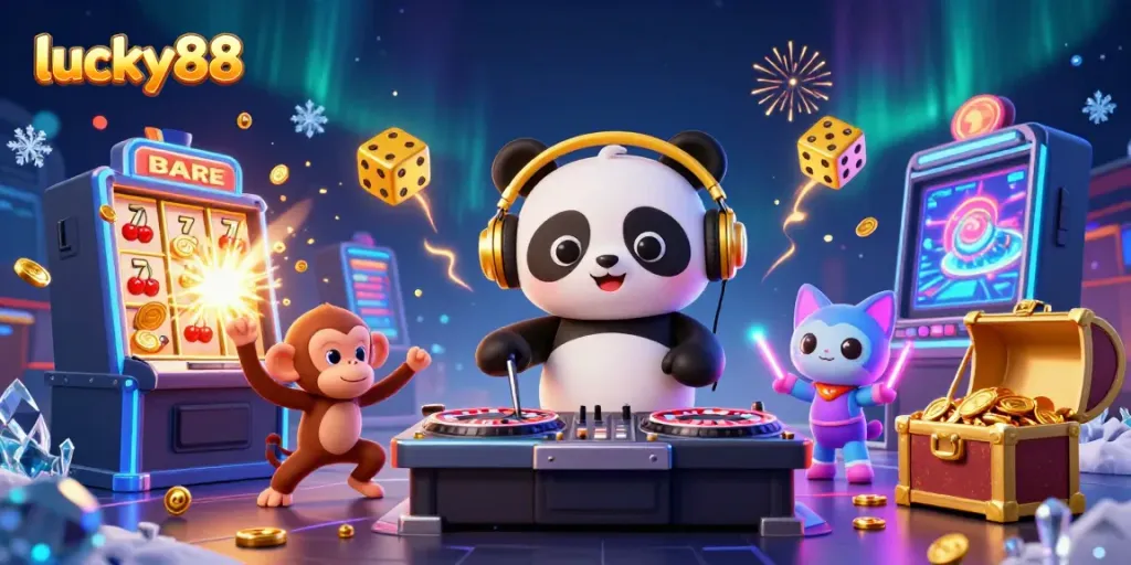Win big with lucky88! Vibrant 3D scene featuring a casino celebration with characters in action.