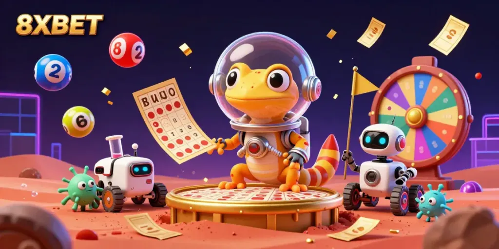 Experience thrilling gaming at 8XBET with the Martian gecko discovering a vibrant casino scene.