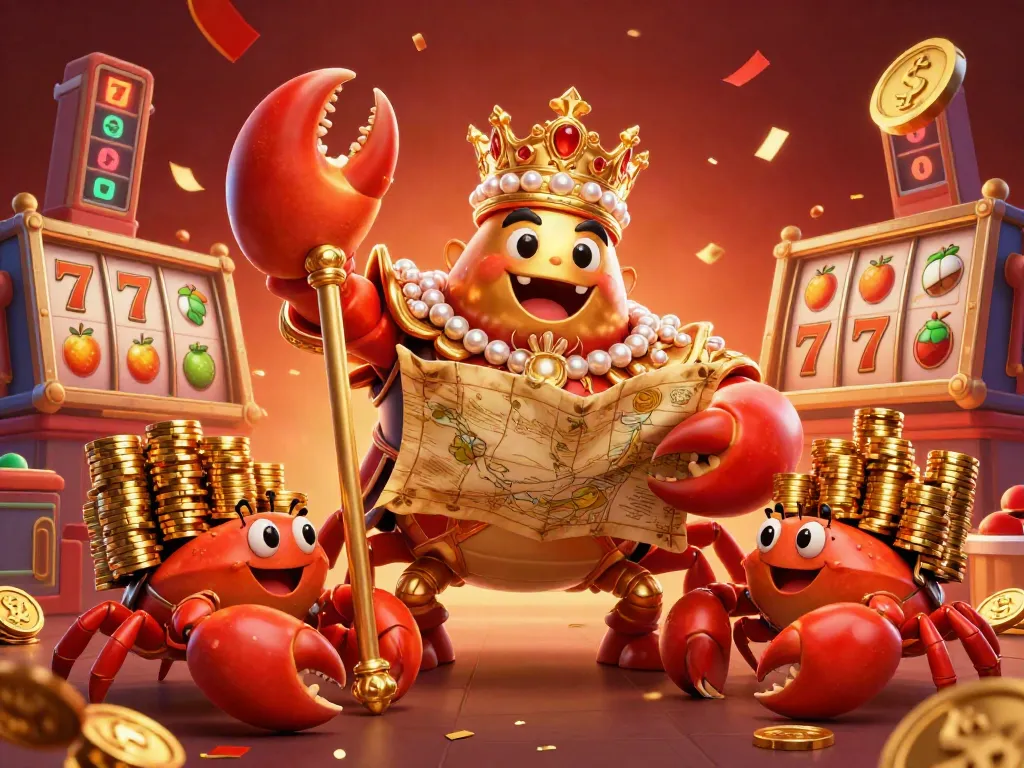 Experience the thrilling ambiance of slot resmi with a majestic golden crab emperor amidst vibrant casino elements.