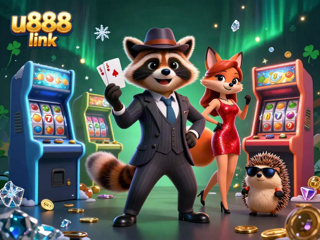 Experience the thrill of winning at U888 link with this lively 3D illustration featuring a raccoon and friends.