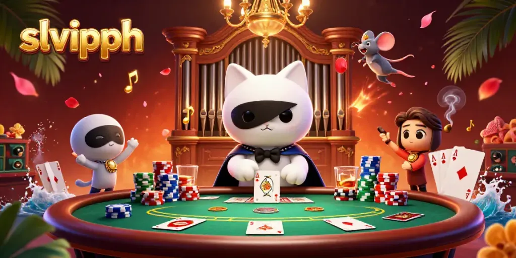 Experience thrilling gaming with slvipph in a vibrant casino scene featuring a phantom cat and dynamic game elements.