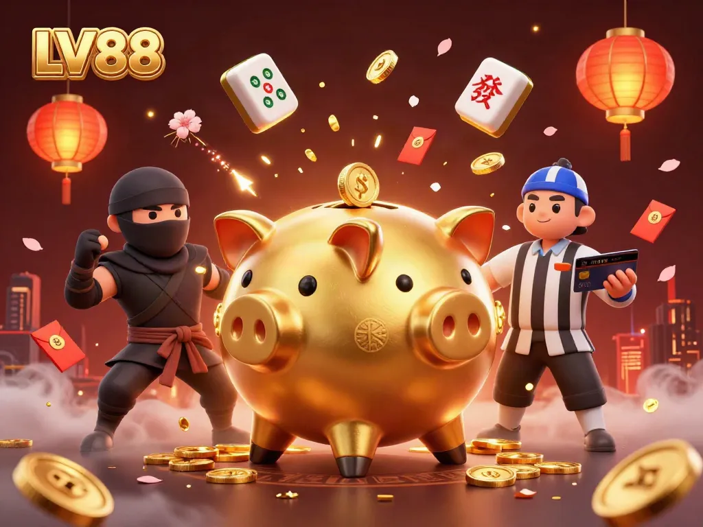 Experience the thrill of LV88 with a visual feast of coins and game elements in a vibrant casino scene.
