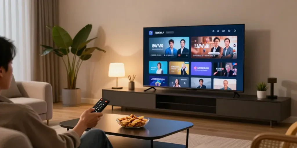 Cozy living room showcasing an IPTV Provider experience with a smart TV.