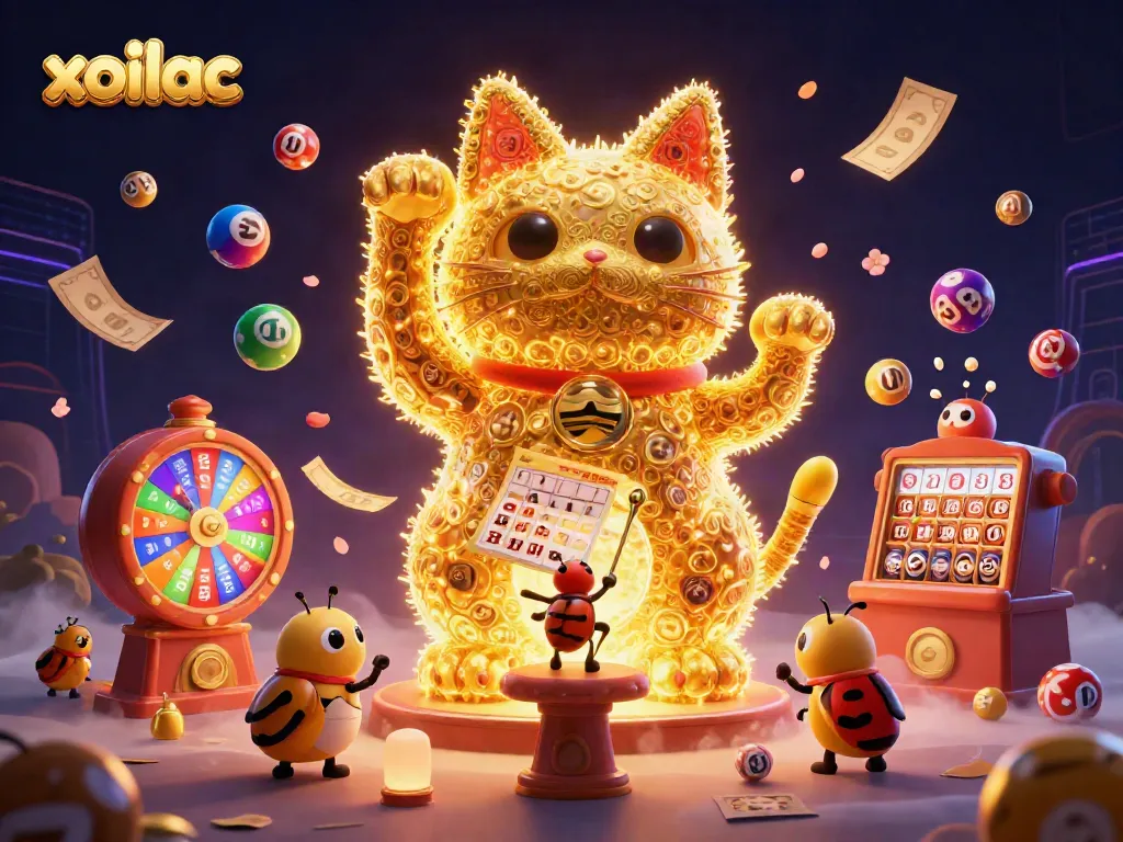 Xoilac live gaming experience with a lucky cat and vibrant lottery elements.
