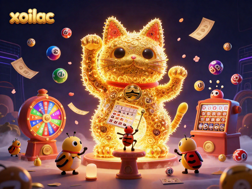 Xoilac live gaming experience with a lucky cat and vibrant lottery elements.