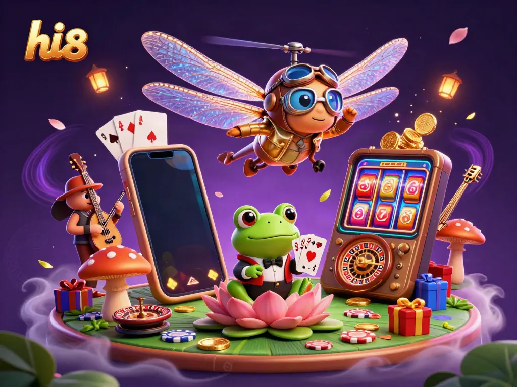 Experience the excitement of hi 88 as a dragonfly pilot oversees a vibrant lily pad casino scene.