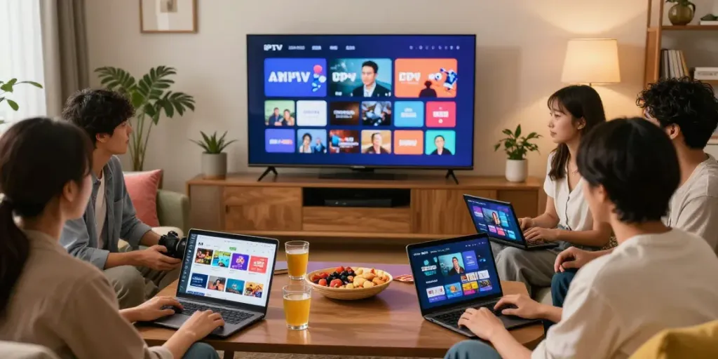 Friends comparing IPTV Provider options in a cozy living room.