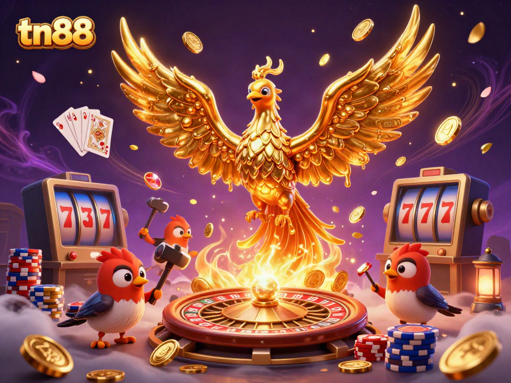 Experience tn88 with a golden phoenix rising in a dynamic gambling scene filled with coins and cards.
