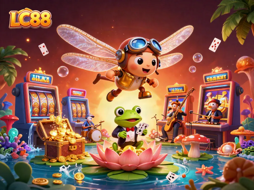 Experience thrilling gaming at LC88 with vibrant slot machines, dynamic characters, and a whimsical casino atmosphere.