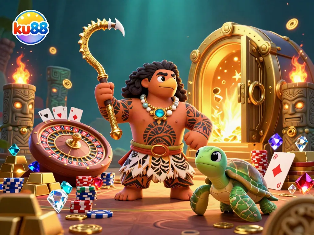 Engage in thrilling casino action with ku88 featuring a Polynesian demigod and vibrant game elements.