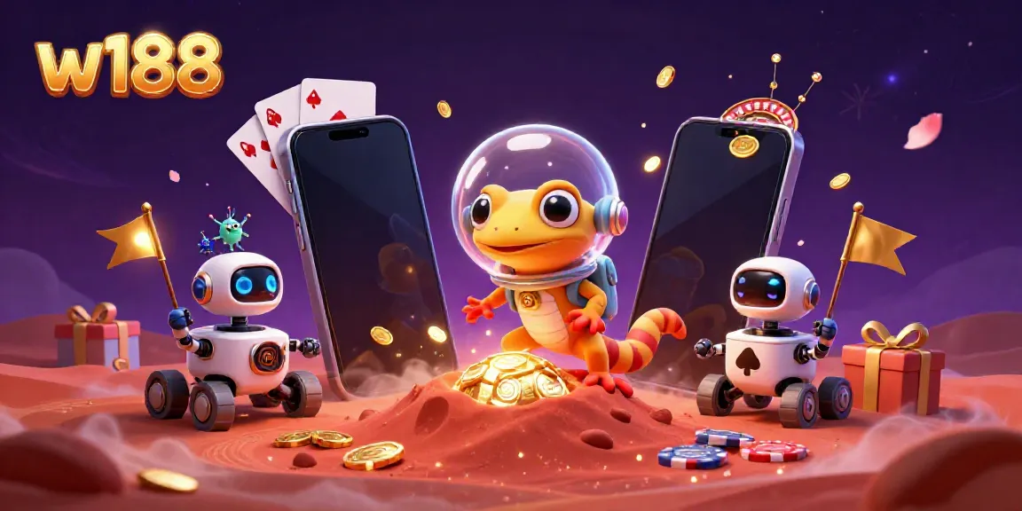 Experience cinematic w188 casino excitement with a Martian gecko discovering treasures in a golden casino.