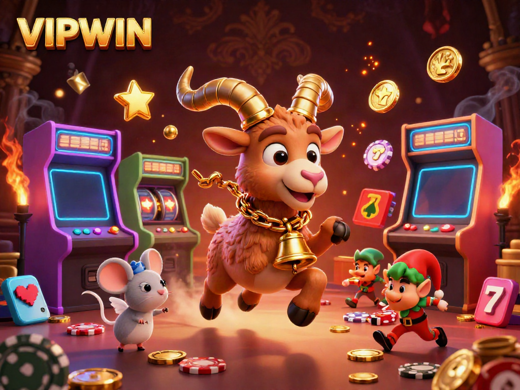 VIPWIN revelers celebrate in a festive casino scene filled with exciting game elements.