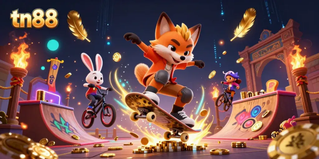Engaging tn88 casino scene with skateboarder fox and BMX rabbit illustrating vibrant gambling dynamics.