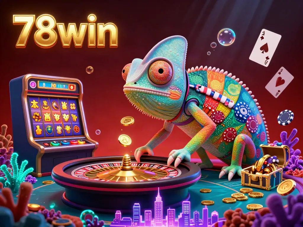 Experience the vibrant energy of 78win with its colorful casino games and a animated chameleon character.