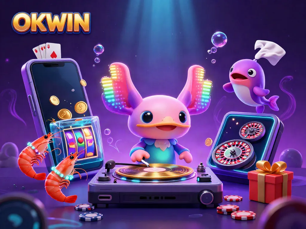 Experience the vibrant energy of OKWIN with a neon-colored axolotl DJ amid a lively underwater casino scene.