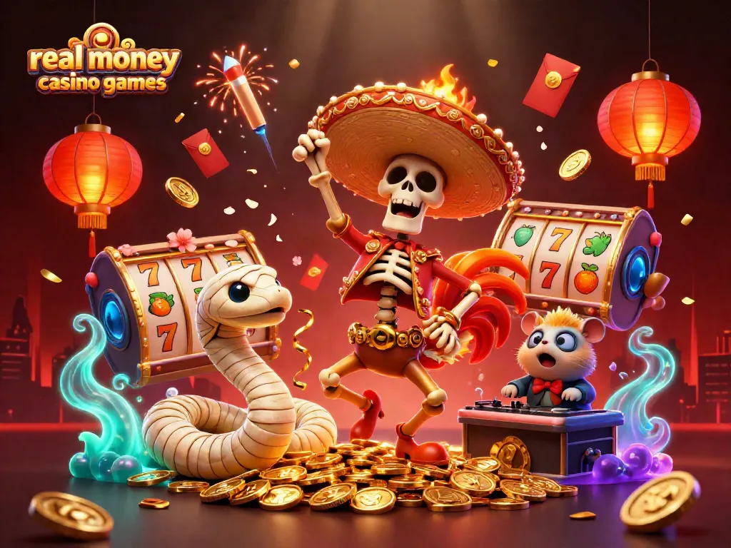 Experience thrilling real money casino games with cartoon characters celebrating on golden coins.
