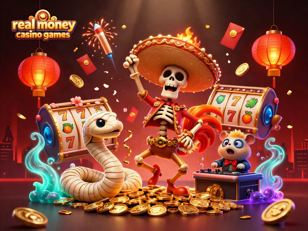 Experience thrilling real money casino games with cartoon characters celebrating on golden coins.
