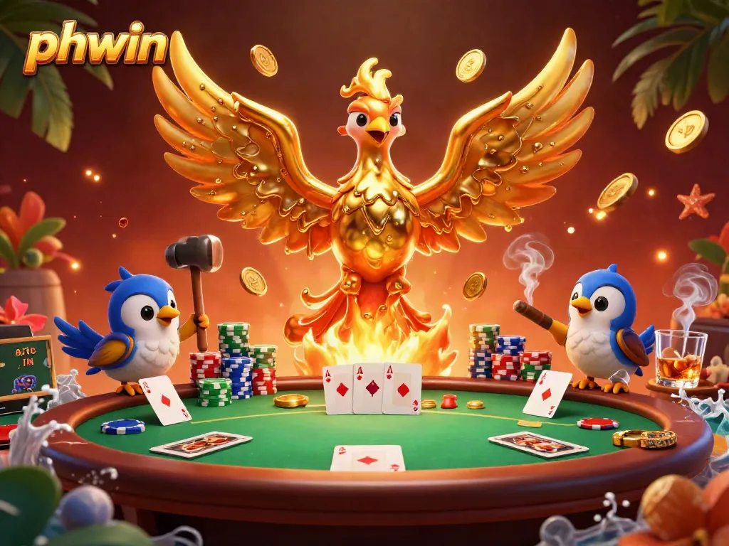 Experience the thrills of phwin with a molten gold phoenix and poker elements in an exciting casino scene.