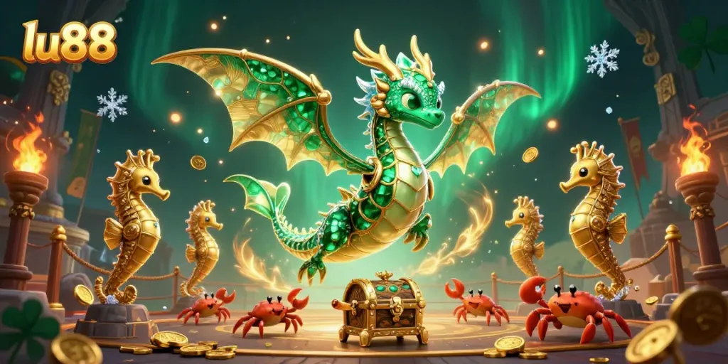 Experience thrilling gameplay at lu88 with an emerald sea dragon and a treasure chest surrounded by vibrant casino elements.