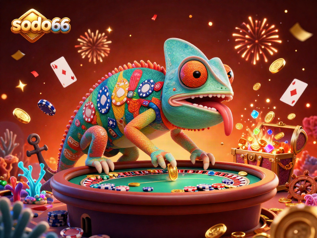Experience the excitement at sodo66 with a vibrant illustration of casino adventures filled with games and golden treasures.