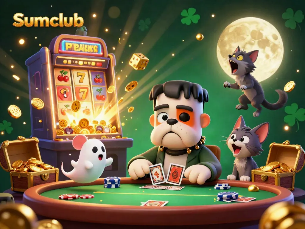 Engage in thrilling gameplay at Sumclub with a spooky, vivid casino scene featuring a Frankenstein bulldog dealer.
